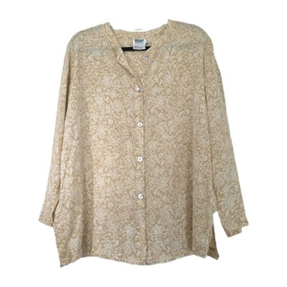Vintage 100% Silk Blouse Womens Maternity Size M Cream Beige Floral Cottagecore